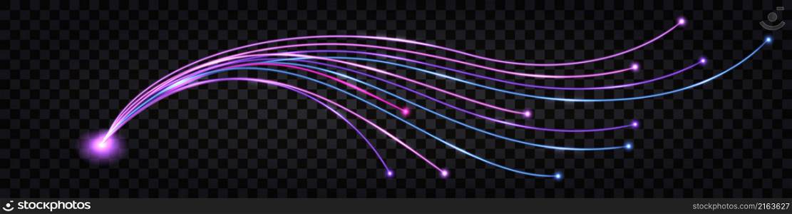 Fiber optic network technology, impulse cable lines, neon glowing light, blue and purple wires with flare bolt effect. Isolated design element on transparent background, vector illustration