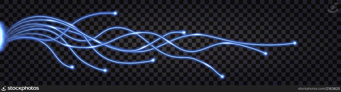 Fiber Optic technology cable lines, network telecommunication, blue light effect. Design element isolated on transparent background. Vector illustration