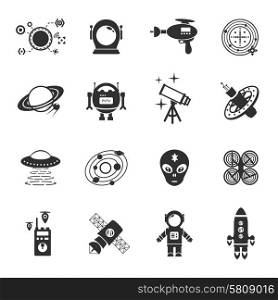 Fiction icons black set with spaceman spaceship and flying saucer isolated vector illustration. Fiction Icons Black Set