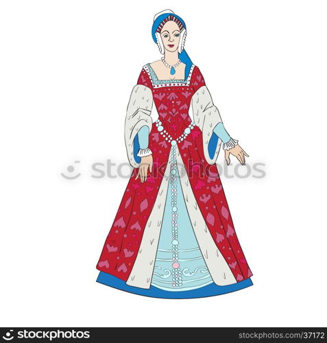 Fictional outfit for women inspired by a Renaissance costume, hand drawn cartoon illustration isolated on white