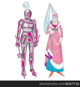 Fictional outfits inspired by medieval costumes, hand drawn cartoon illustrations isolated on white