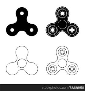 Fidget spinners black silhouettes and contour drawings. Vector simple illustration of hand toy.