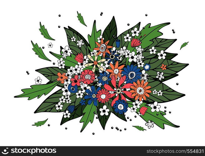 Field flowers and leaves composition. Hand drawn style bouquet. Vector ilustration.