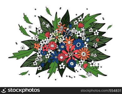 Field flowers and leaves composition. Hand drawn style bouquet. Vector ilustration.