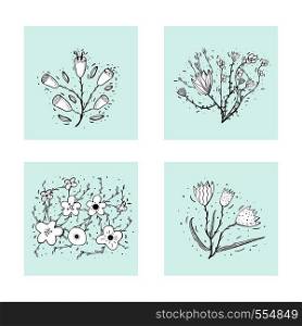 Field flowers and leaves square compositions. Hand drawn style. Vector ilustration.