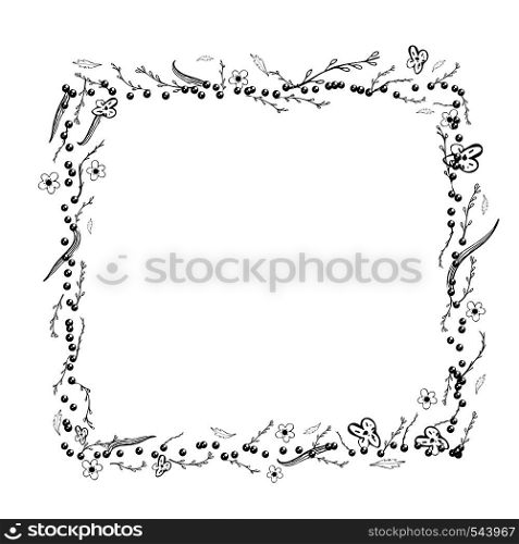 Field flowers and leaves square frame. Hand drawn style sketch border. Vector ilustration.