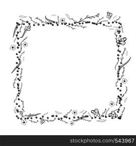 Field flowers and leaves square frame. Hand drawn style sketch border. Vector ilustration.