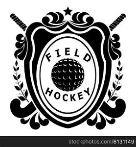 Field hockey on shield - two sticks, ball, ribbon with text, laurel branches and the stars. &#xA;Vector illustration.
