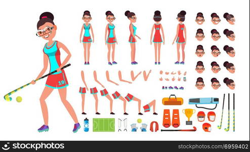 Field Hockey Player Female Vector. Animated Character Creation Set. Full Length, Front, Side, Back View, Accessories, Poses, Face Emotions, Gestures. Isolated Flat Cartoon Illustration. Field Hockey Player Female Vector. Animated Character Creation Set. Full Length, Front, Side, Back View, Accessories, Poses, Face Emotions, Gestures. Isolated Cartoon Illustration