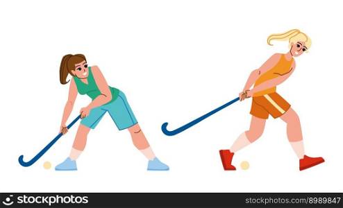 field hockey vector. ball sport, grass competition, game stick, action pitch, stadium team, turf player field hockey character. people flat cartoon illustration. field hockey vector
