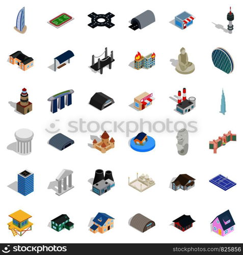 Field icons set. Isometric style of 36 field vector icons for web isolated on white background. Field icons set, isometric style