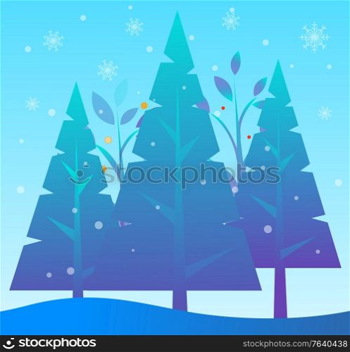 Field in winter vector, landscape with pine trees and foliage. Snowing weather outside. Nature in cold season of year. Scenery with spruce and snowy hills. Wood covered with snow flat illustration. Pine Tree Forest, Snowing Winter Landscape Vector