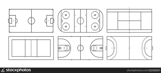 Field of basketball, soccer, hockey, volleyball and tennis. Sport court in line style. Vector icon top view. Outline set for american football, handball and baseball. Black icons isolated.