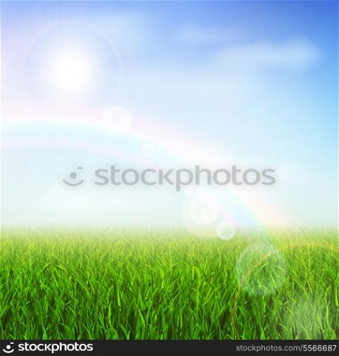 Field or meadow with green grass and rainbow vector illustration