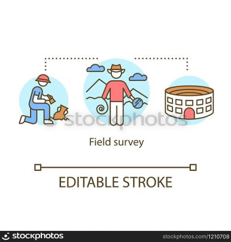 Field survey concept icon. Archeological expedition. Historical researching. Ancient monuments and artifacts learning idea thin line illustration. Vector isolated outline drawing. Editable stroke