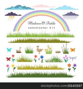 Fields constructor kit for cartoon landscape. Fields constructor. Meadows and fields elements kit for cartoon landscape constructor with vector grass and flowers, ducks and a rainbow
