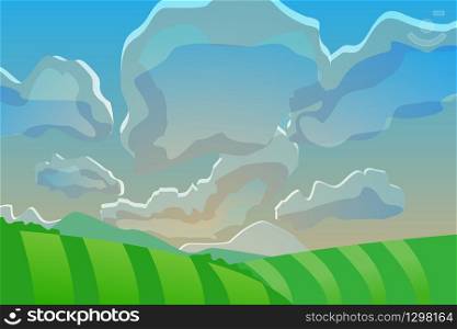 Fields landscape vector panoramic background. Countryside nature cloudscape vector backdrop wallpaper, nature concept.
