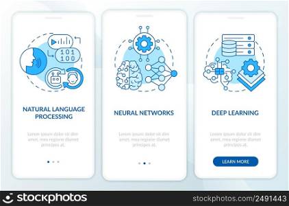 Fields of machine learning blue onboarding mobile app screen. Walkthrough 3 steps graphic instructions pages with linear concepts. UI, UX, GUI template. Myriad Pro-Bold, Regular fonts used. Fields of machine learning blue onboarding mobile app screen