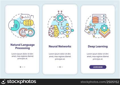 Fields of machine learning onboarding mobile app screen. Walkthrough 3 steps graphic instructions pages with linear concepts. UI, UX, GUI template. Myriad Pro-Bold, Regular fonts used. Fields of machine learning onboarding mobile app screen
