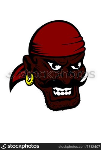 Fierce dark-skinned cartoon pirate wearing a red bandanna and earring in his ear with a black moustache and toothy evil grin. Fierce dark-skinned cartoon pirate character