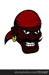 Fierce dark-skinned cartoon pirate wearing a red bandanna and earring in his ear with a black moustache and toothy evil grin. Fierce dark-skinned cartoon pirate character