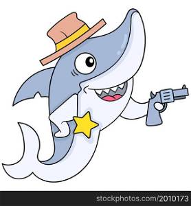 fierce shark wearing a cowboy hat and a sheriff badge for safety