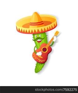 Fiesta or Cinco de Mayo festival, Mexican cactus in sombrero vector. Plant with mustache and guitar, Mexico symbol, mariachi and musical instrument. Mexican Cuctus in Sombrero, Guitar and Mustache