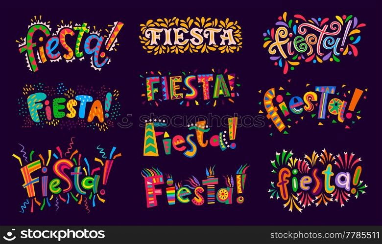 Fiesta Party, mexican, spanish and chile holiday carnival, vector celebration greetings. Latin America and hispanic fiesta party lettering with confetti and colorful flag with mexican pattern ornament. Fiesta Party, mexican or spanish holiday carnival