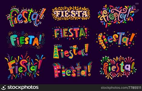 Fiesta Party, mexican, spanish and chile holiday carnival, vector celebration greetings. Latin America and hispanic fiesta party lettering with confetti and colorful flag with mexican pattern ornament. Fiesta Party, mexican or spanish holiday carnival