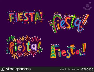 Fiesta party. Mexican, Spanish and Latin holiday carnival vector banner. Fiesta lettering of bright color letters with ethnic mexican ornaments, colorful geometric letters and confetti. Fiesta party, Mexican, Spanish and Latin holiday