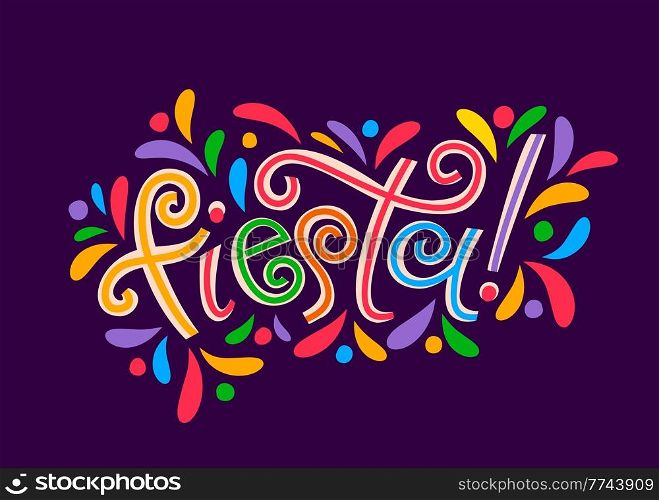 Fiesta party vector banner of Mexican, Spanish and Latin holiday carnival celebration greeting card. Fiesta lettering with colorful ethnic ornament and festive latino pattern of bright color leaves. Fiesta party banner, Mexican or Spanish holiday