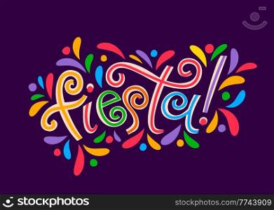 Fiesta party vector banner of Mexican, Spanish and Latin holiday carnival celebration greeting card. Fiesta lettering with colorful ethnic ornament and festive latino pattern of bright color leaves. Fiesta party banner, Mexican or Spanish holiday