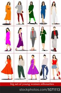 Fifteen silhouettes of young women. Vector illustration