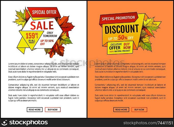 Fifty percent discount special offer sale only tomorrow. Promo price 159.90 advertisement autumn posters with orange and yellow leaves, text sample. Fifty Percent Discount Special Offer Tomorrow Sale