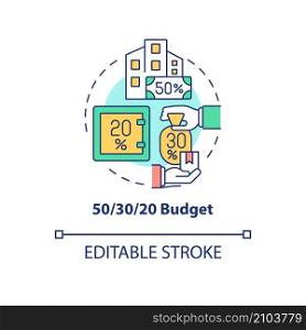 Fifty thirty twenty rule budget concept icon. Percentage. Financial planning abstract idea thin line illustration. Isolated outline drawing. Editable stroke. Roboto-Medium, Myriad Pro-Bold fonts used. Fifty thirty twenty rule budget concept icon