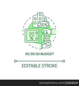 Fifty thirty twenty rule budget green concept icon. Financial planning abstract idea thin line illustration. Isolated outline drawing. Editable stroke. Roboto-Medium, Myriad Pro-Bold fonts used. Fifty thirty twenty rule budget green concept icon