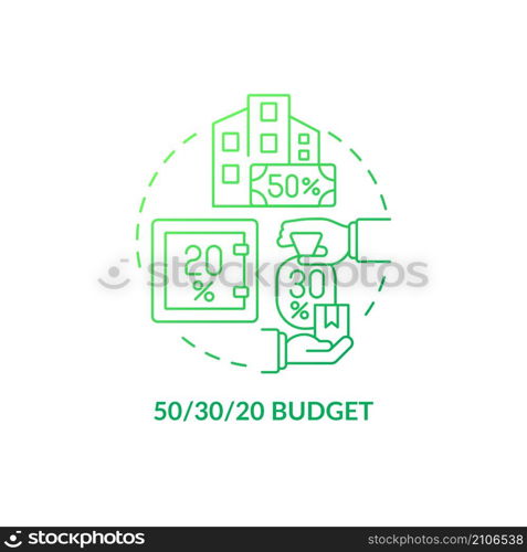 Fifty thirty twenty rule budget green gradient concept icon. Financial planning abstract idea thin line illustration. Isolated outline drawing. Roboto-Medium, Myriad Pro-Bold fonts used. Fifty thirty twenty rule budget green gradient concept icon