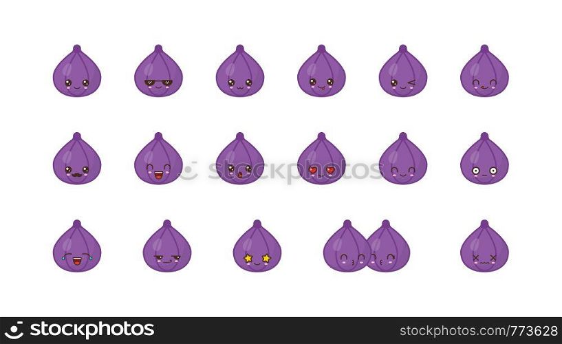 Fig fruit cute kawaii mascot. Set kawaii food faces expressions smile emoticons.