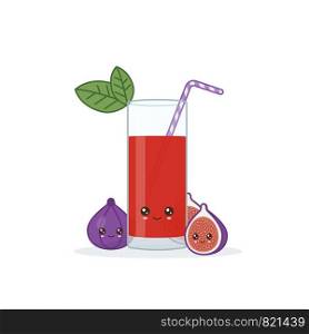 fig juice. Cute kawai smiling cartoon juice with slices in a glass with juice straw.