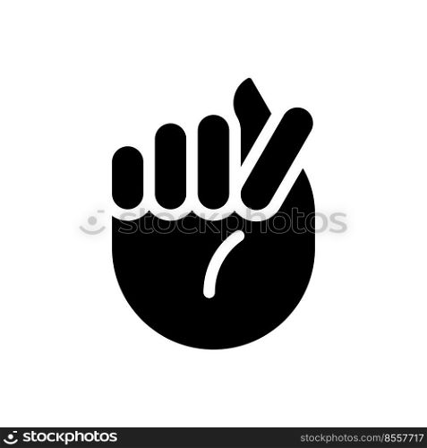 Fig sign black glyph icon. Offensive hand gesture. Obscene non verbal communication. Denied request. Silhouette symbol on white space. Solid pictogram. Vector isolated illustration. Fig sign black glyph icon