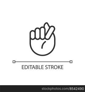 Fig sign pixel perfect linear icon. Offensive hand gesture. Obscene non verbal communication. Thin line illustration. Contour symbol. Vector outline drawing. Editable stroke. Arial font used. Fig sign pixel perfect linear icon