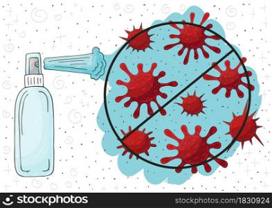 Fight against coronavirus vector background. Hand sanitizer bottle, antibacterial spray. Antibacterial flask kills bacteria. Coronavirus. Vector illustration of the problem of coronavirus