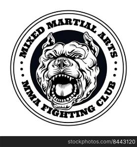 Fight club emblem with angry dog. Kickboxing and fighting club logo with angry dog. Isolated vector illustration. Sport, boxing and mixed martial arts and design elements concept