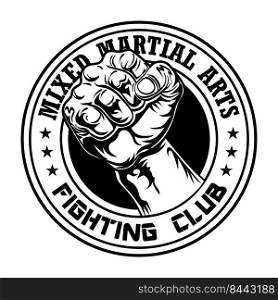 Fight club emblem with fist. Boxing and fighting club logo with muscular arm. Isolated vector illustration. Sport and mixed martial arts and design elements concept
