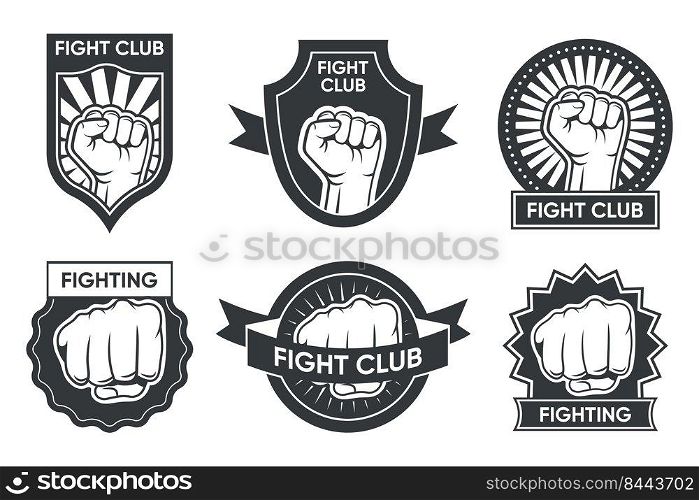 Fight club logo set. Vintage monochrome emblems with arm and clenched fist, medal and ribbon. Vector illustration collection for boxing or kickboxing, martial arts club labels