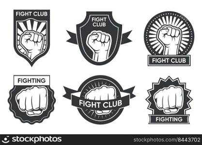 Fight club logo set. Vintage monochrome emblems with arm and clenched fist, medal and ribbon. Vector illustration collection for boxing or kickboxing, martial arts club labels