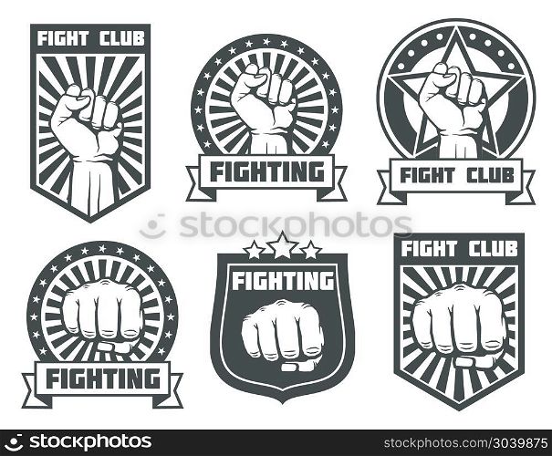 Fight club with fist vintage labels, logos, emblems vector set. Fight club with fist vintage labels, logos, emblems vector set. Boxing sport, kickboxing logotype illustration