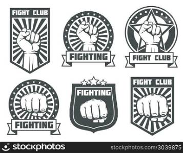 Fight club with fist vintage labels, logos, emblems vector set. Fight club with fist vintage labels, logos, emblems vector set. Boxing sport, kickboxing logotype illustration