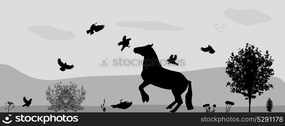 Fight Horses and Birds in Nature. Vector Illustration. EPS10. Fight Horses and Birds in Nature. Vector Illustration.