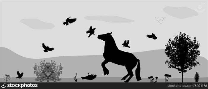 Fight Horses and Birds in Nature. Vector Illustration. EPS10. Fight Horses and Birds in Nature. Vector Illustration.